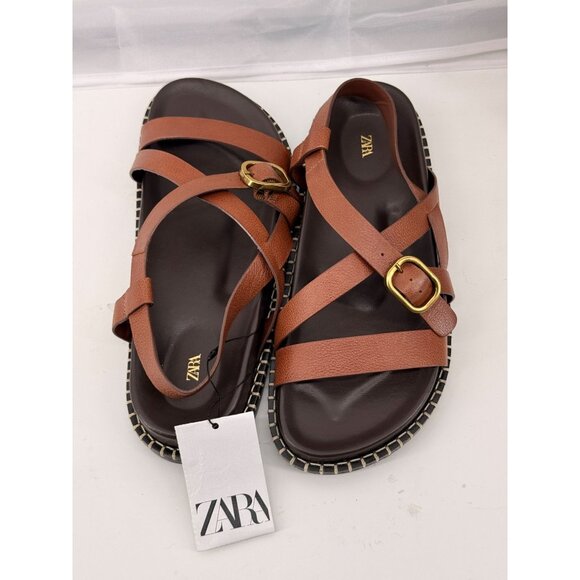 ZARA FLAT LEATHER SANDALS WITH CRISS-CROSS STRAPS - BRAND NEW WITH TAG- SIZE 8 - Picture 2 of 4